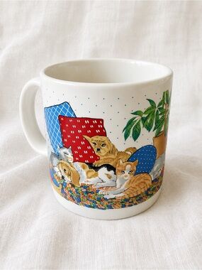 White Ceramic Cat-Illustration Mug with Colorful Accents